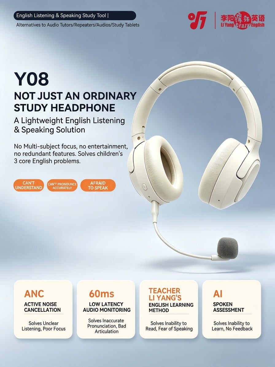 Y08 AI English Learning Headphone - ANC & 30ms Low Latency Voice Monitoring Headset