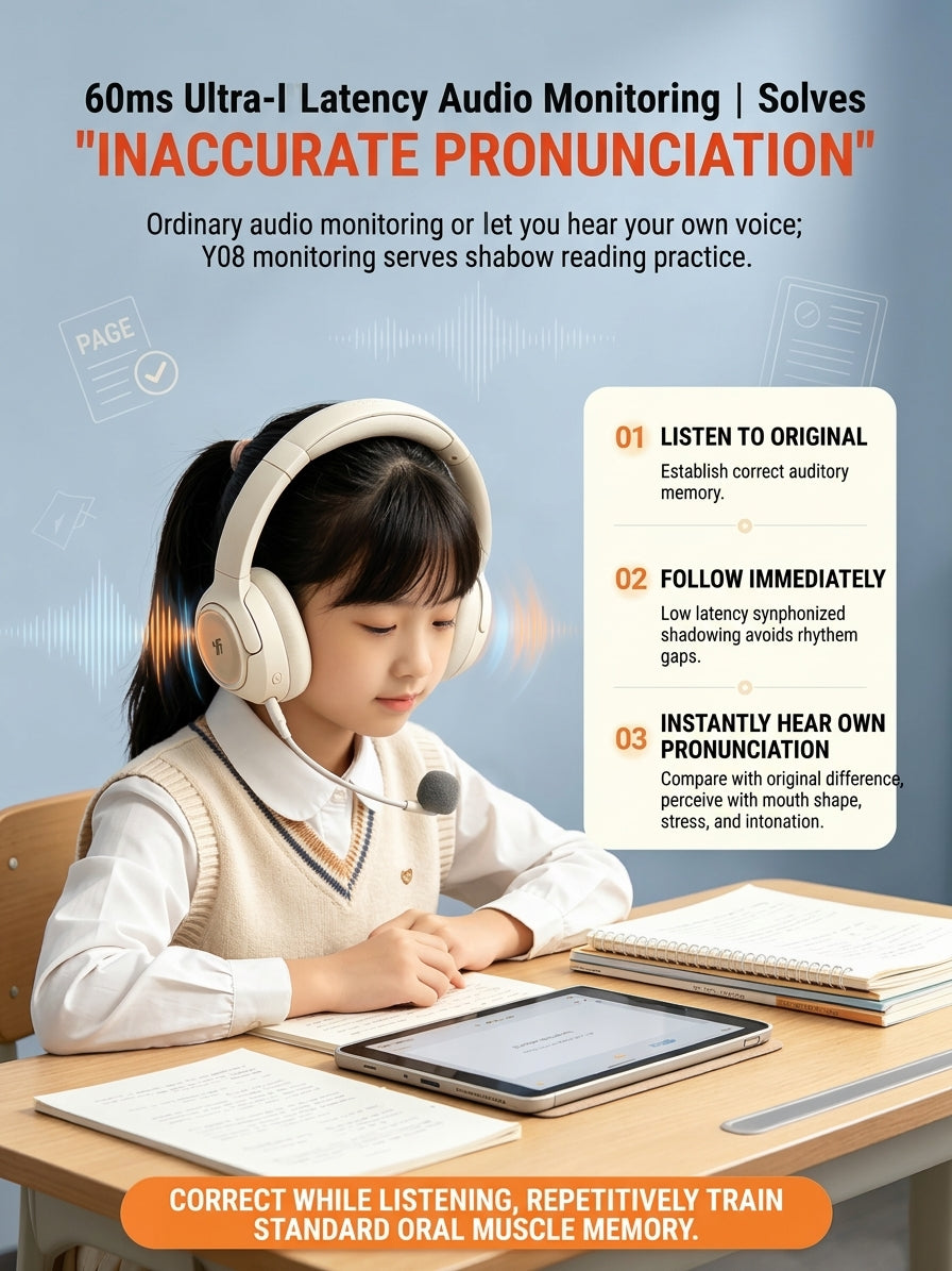 Y08 AI English Learning Headphone - ANC & 30ms Low Latency Voice Monitoring Headset