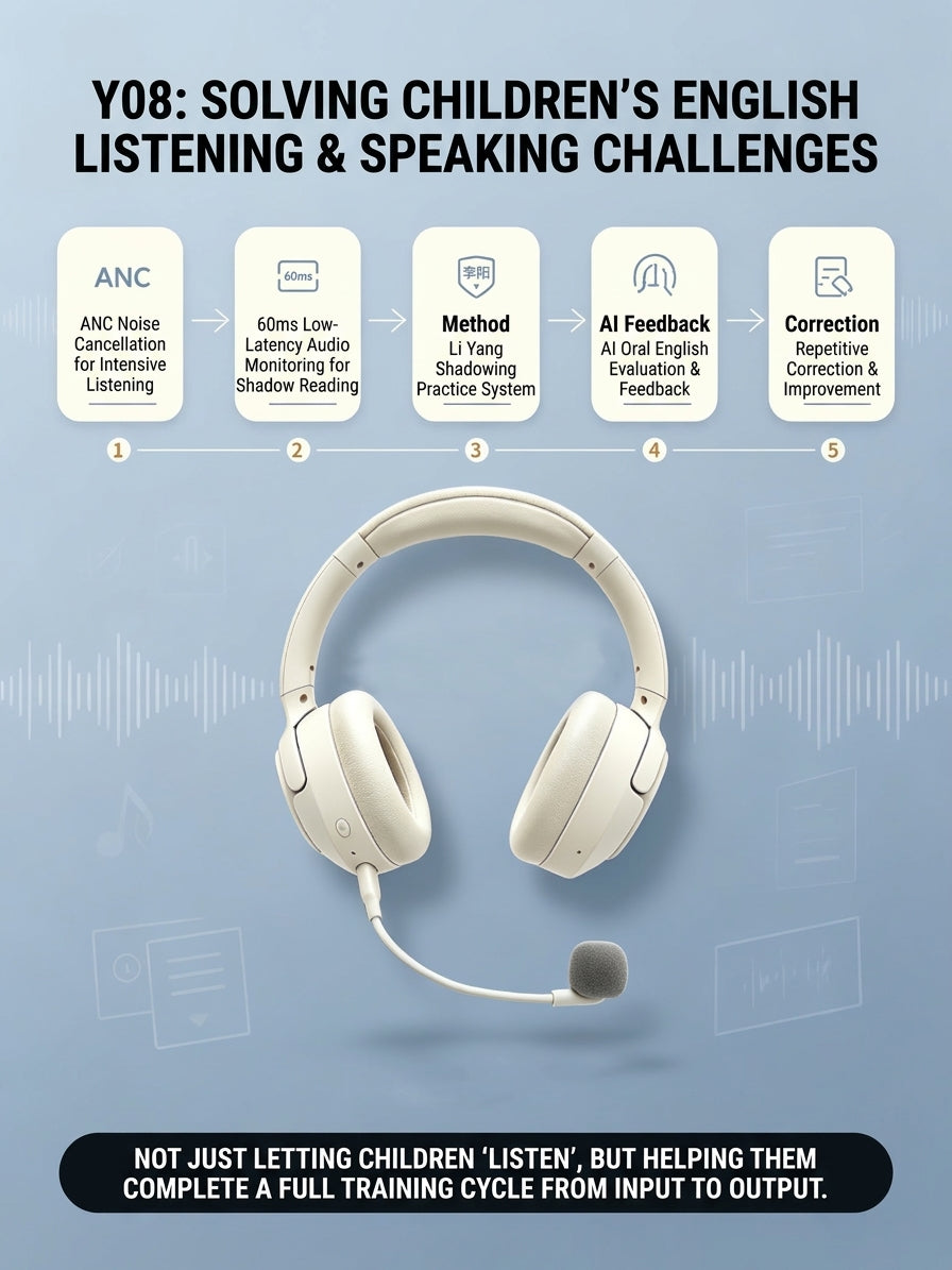 Y08 AI English Learning Headphone - ANC & 30ms Low Latency Voice Monitoring Headset